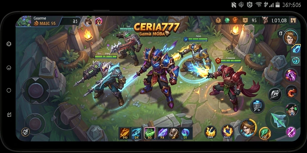 Tangkapan layar utama CERIA777 menampilkan karakter bertarung dalam arena MOBA.