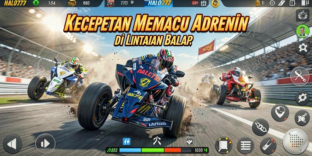 Tangkapan layar gameplay HALO777 menampilkan balapan seru di lintasan yang menantang.