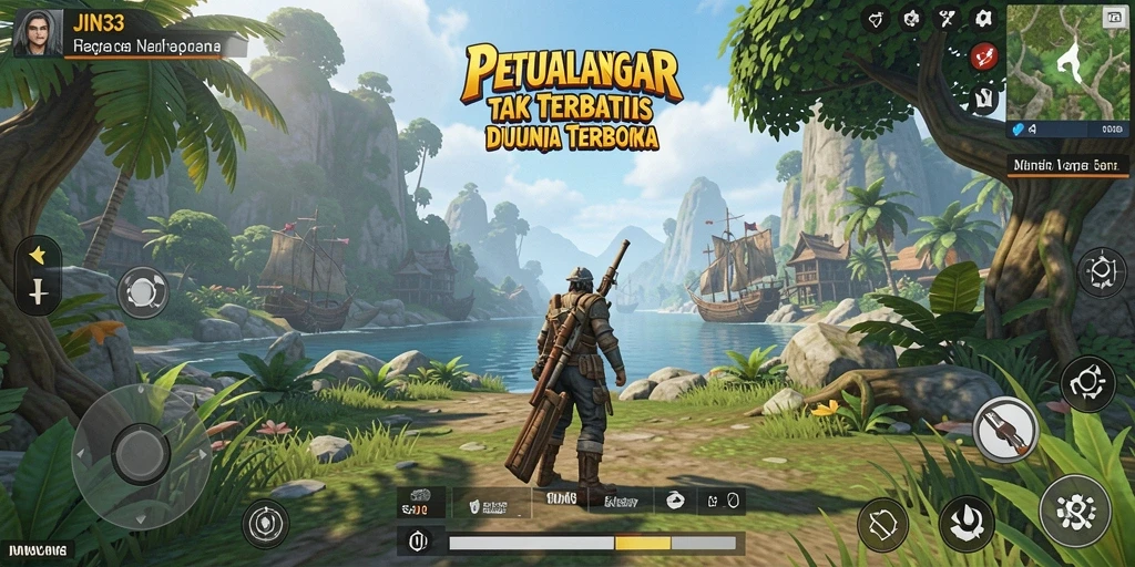 Screenshot gameplay yang memperlihatkan eksplorasi dunia terbuka.