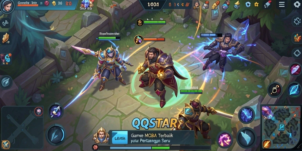 Screenshot gameplay QQSTAR yang menunjukkan aksi seru dalam pertempuran MOBA.