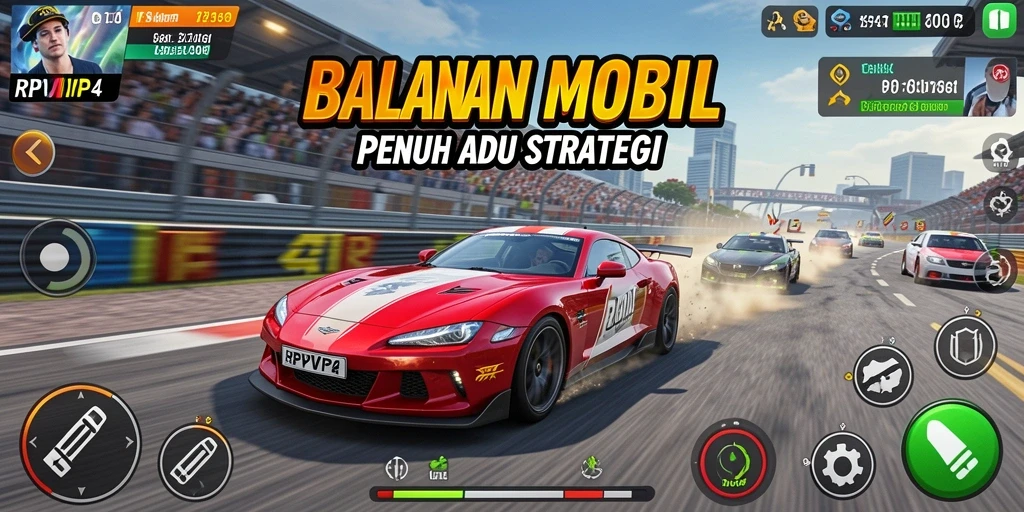 Tampilan gameplay menegangkan di RPVIP4 yang menunjukkan balapan mobil.