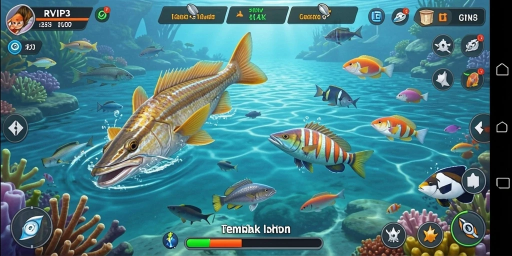 Tampilan gameplay seru RVIP3 dengan aksi menembak ikan.